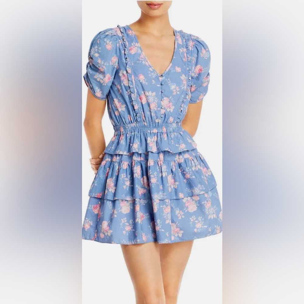 LoveShackFancy - Blue Roth Floral Tiered Ruffled Mini Dress